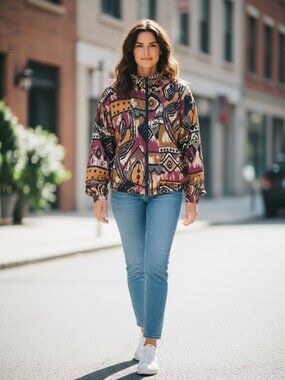 VTG Bogari Silk Bomber Jacket Sz M Abstract/Tribal/Contemporary Print 283F